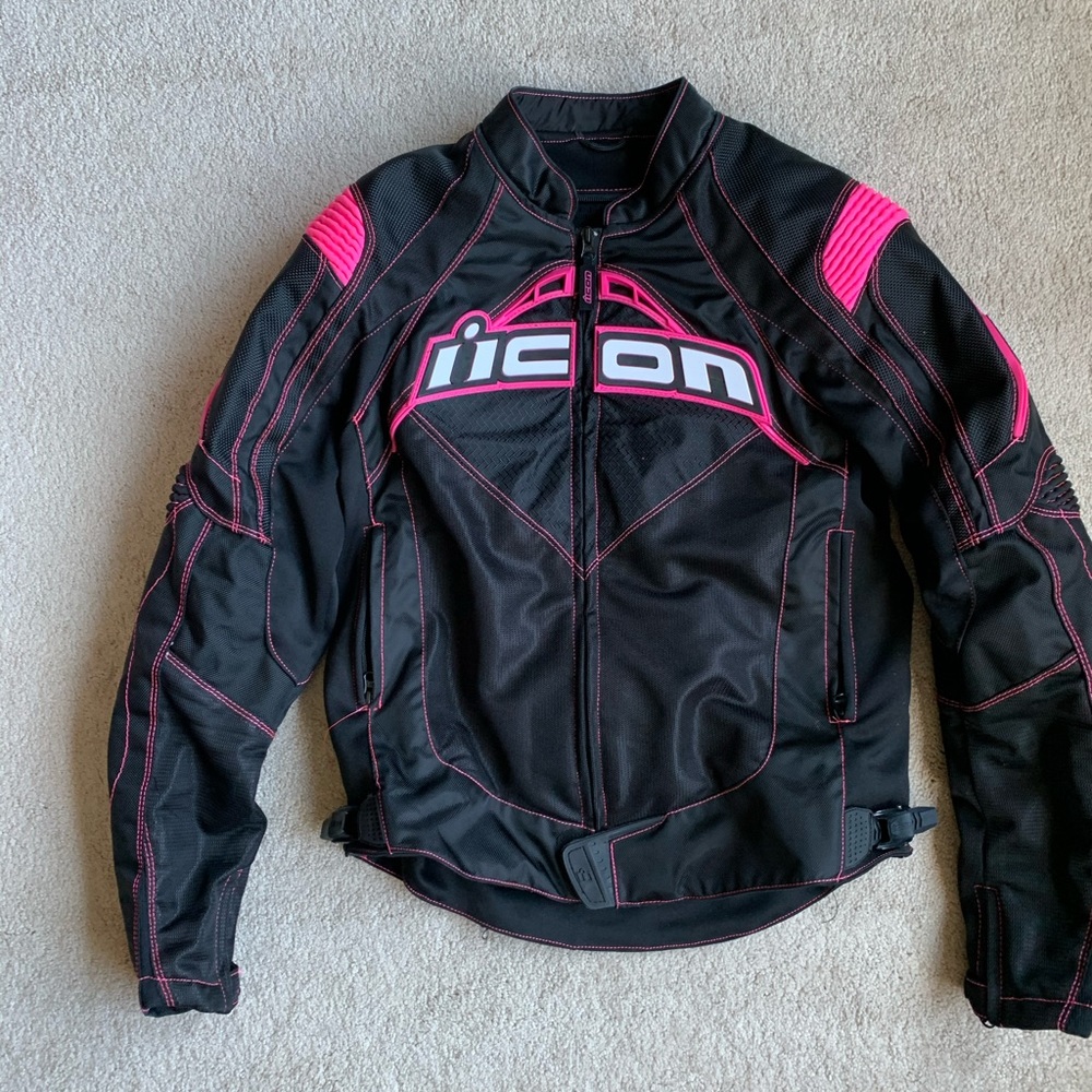 Icon motorcycle jacket with padding, size L, pink and black